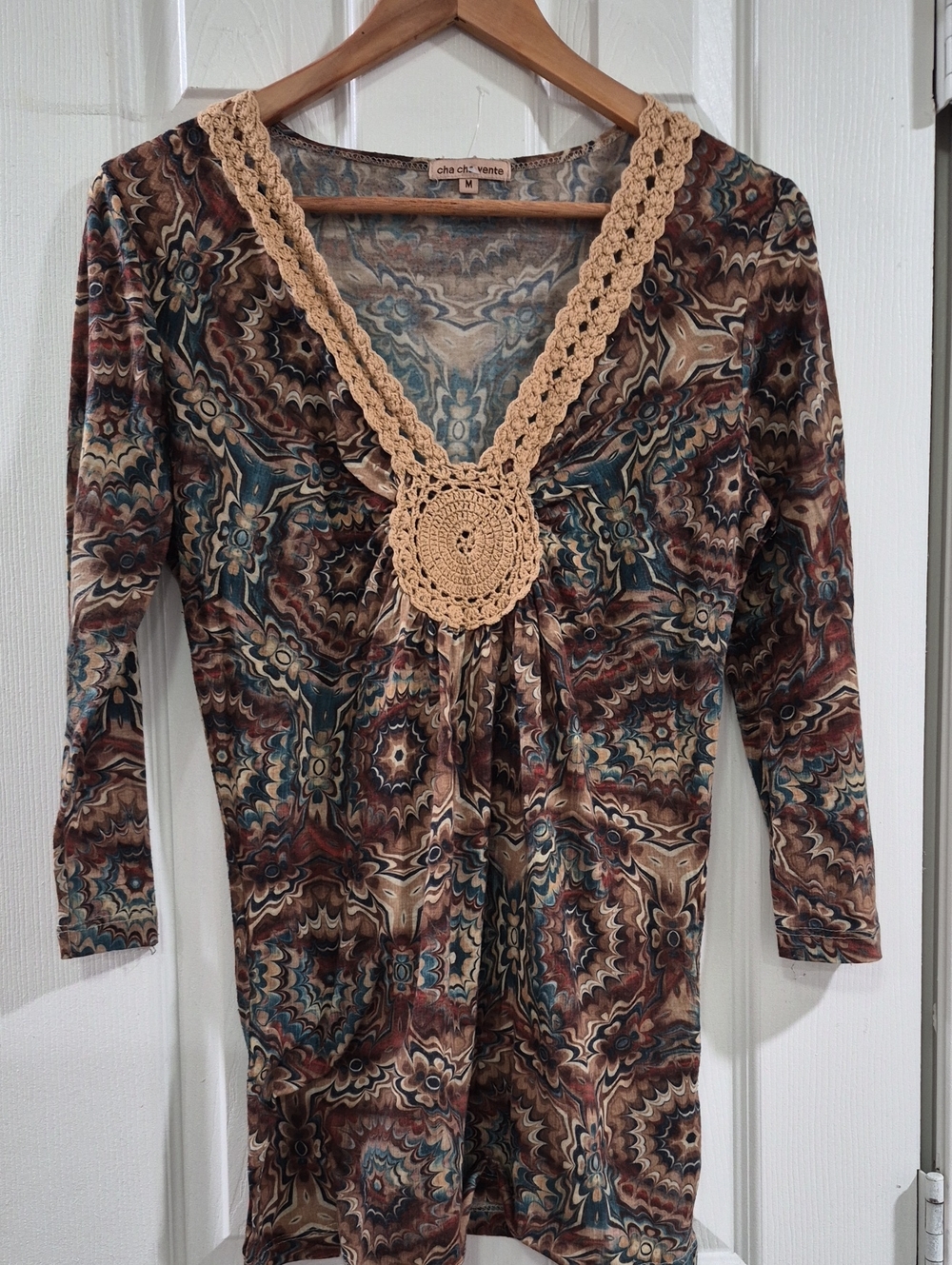 cha cha vente Brown Multi-Print Long Sleeve V-Neck Top with Crochet Detail